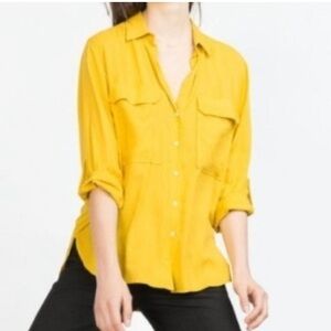 Chico's Sz 2 M Mustard Yellow Button-Down Utility Shirt Long Sleeve Modal